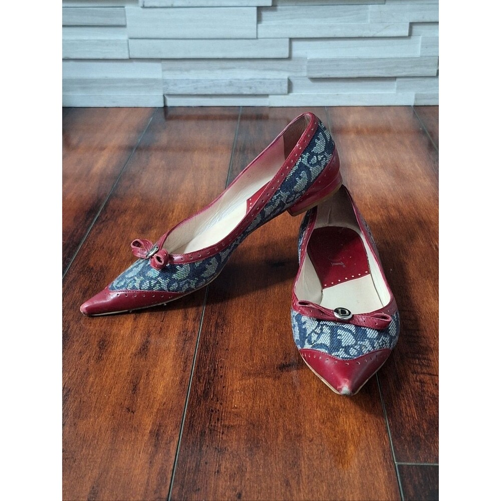 Christian Dior Oblique Canvas Ballet Flats Red Leather Trim Sz EU 35.5 / US 5.5